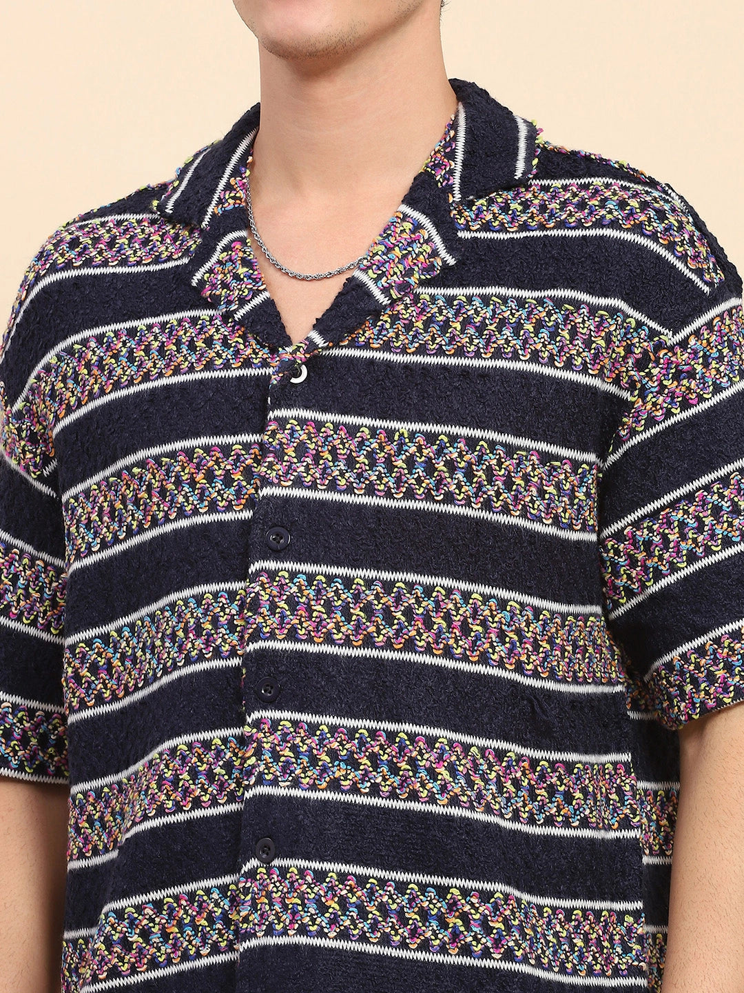 Navy Blue Poly Blend Knitted Loose Fit Casual Shirt