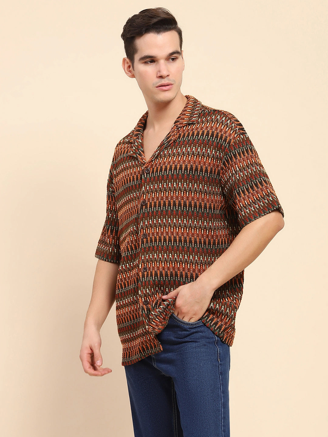 Multicolor Knitted Poly Blend Textured Loose Fit Casual Shirt