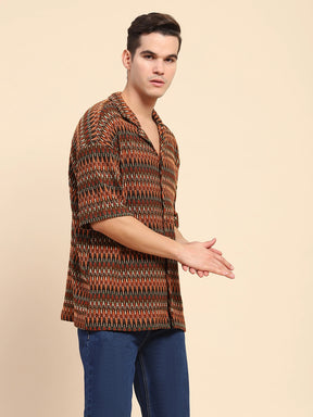 Multicolor Knitted Poly Blend Textured Loose Fit Casual Shirt