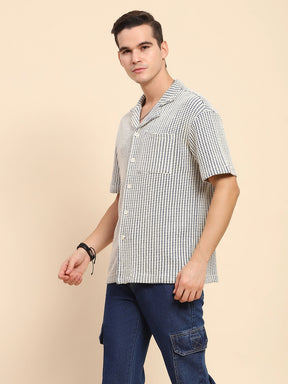 White & Blue Cotton Blend Textured Casual Shirt