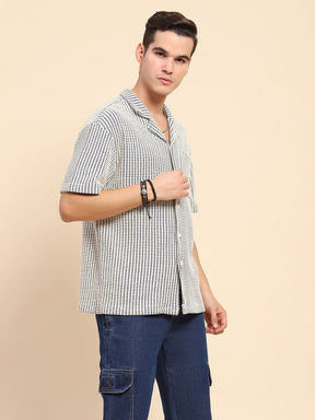 White & Blue Cotton Blend Textured Casual Shirt