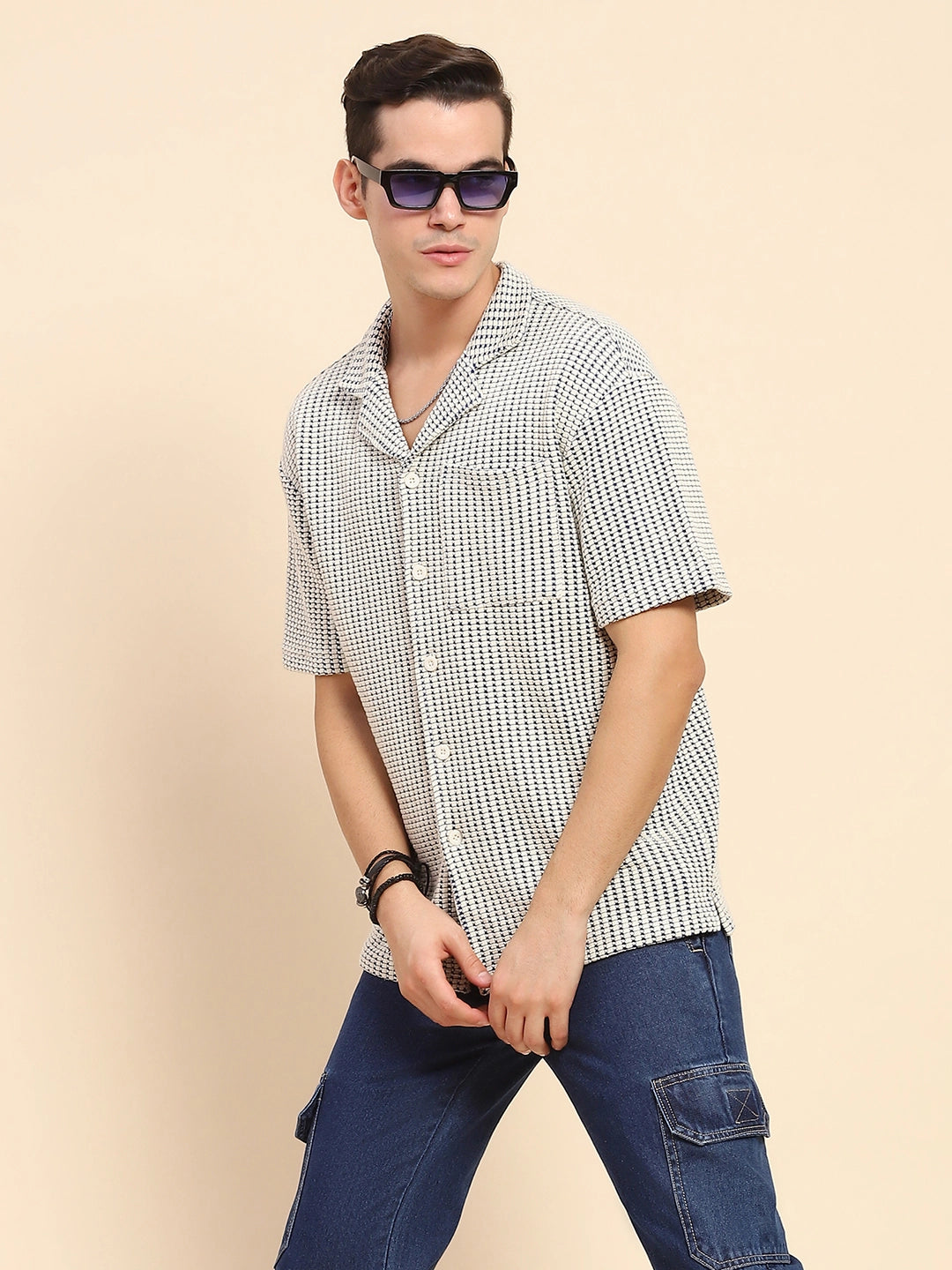 White & Blue Cotton Blend Textured Casual Shirt