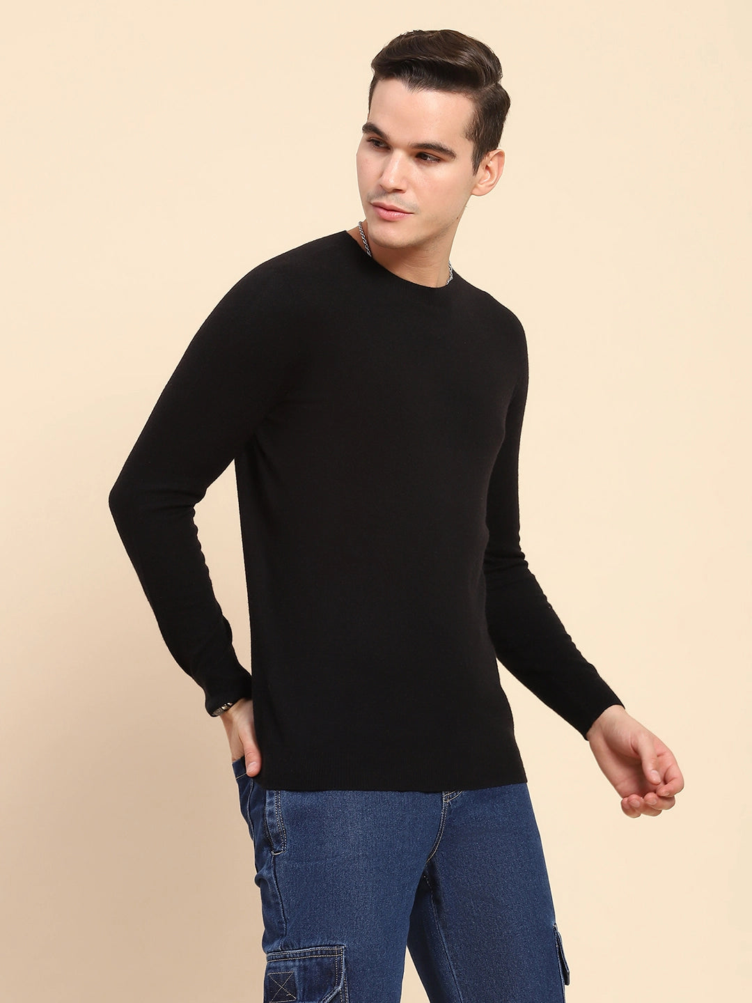 Black Acrylic Blend Knit Winter Wear Pullover