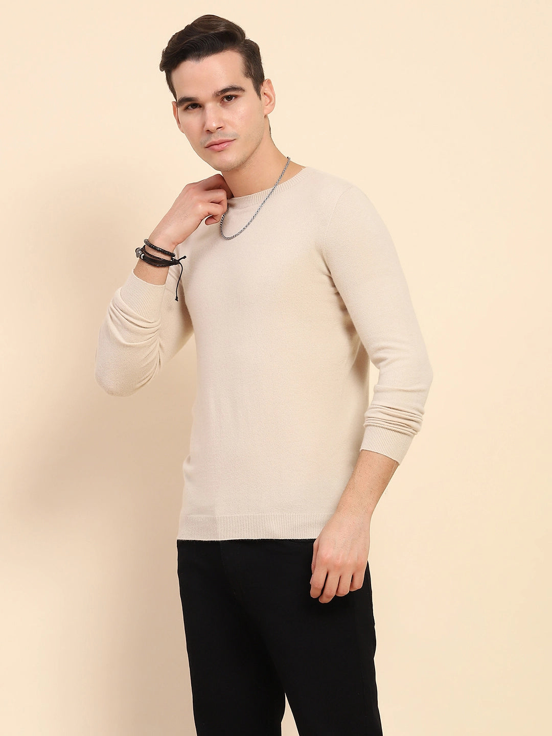 Sand Brown Acrylic Blend Knit Winter Wear Pullover