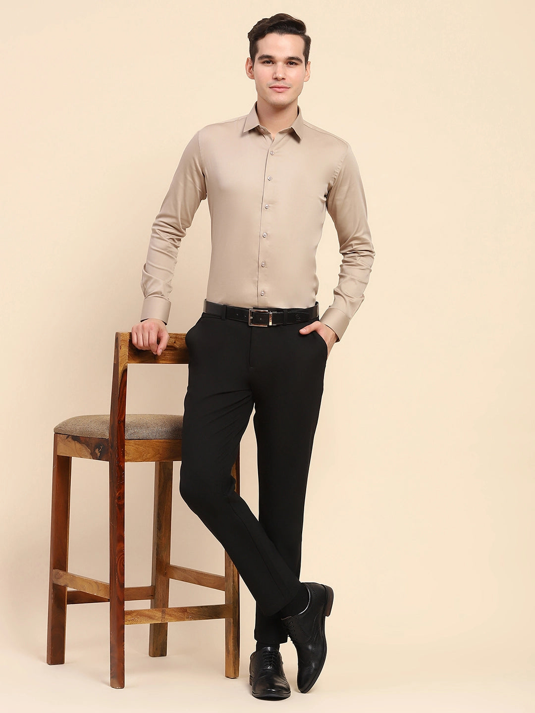 Beige Cotton Blend Solid Formal Shirt