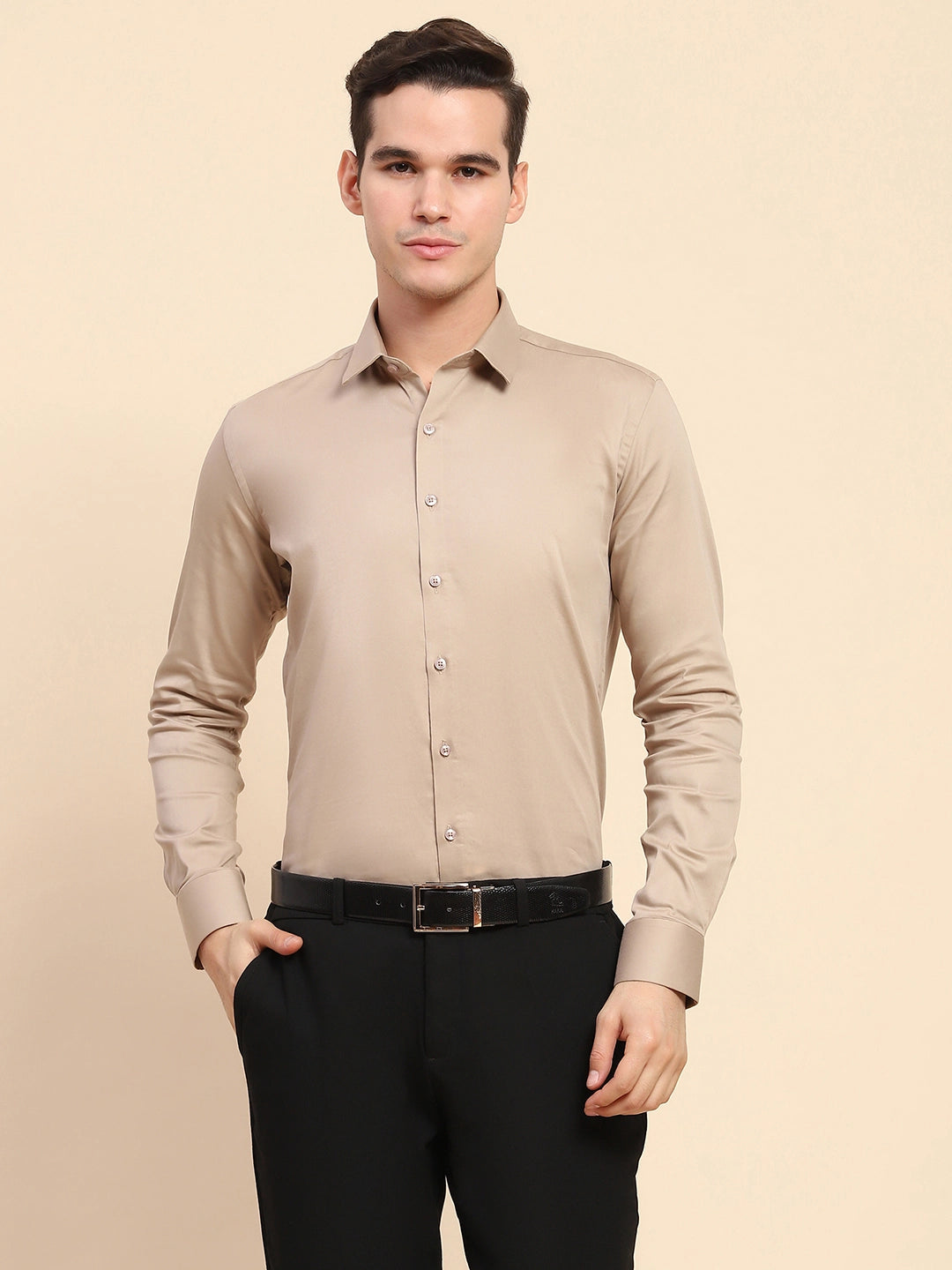 Beige Cotton Blend Solid Formal Shirt