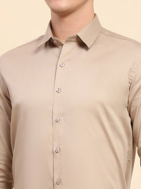 Beige Cotton Blend Solid Formal Shirt