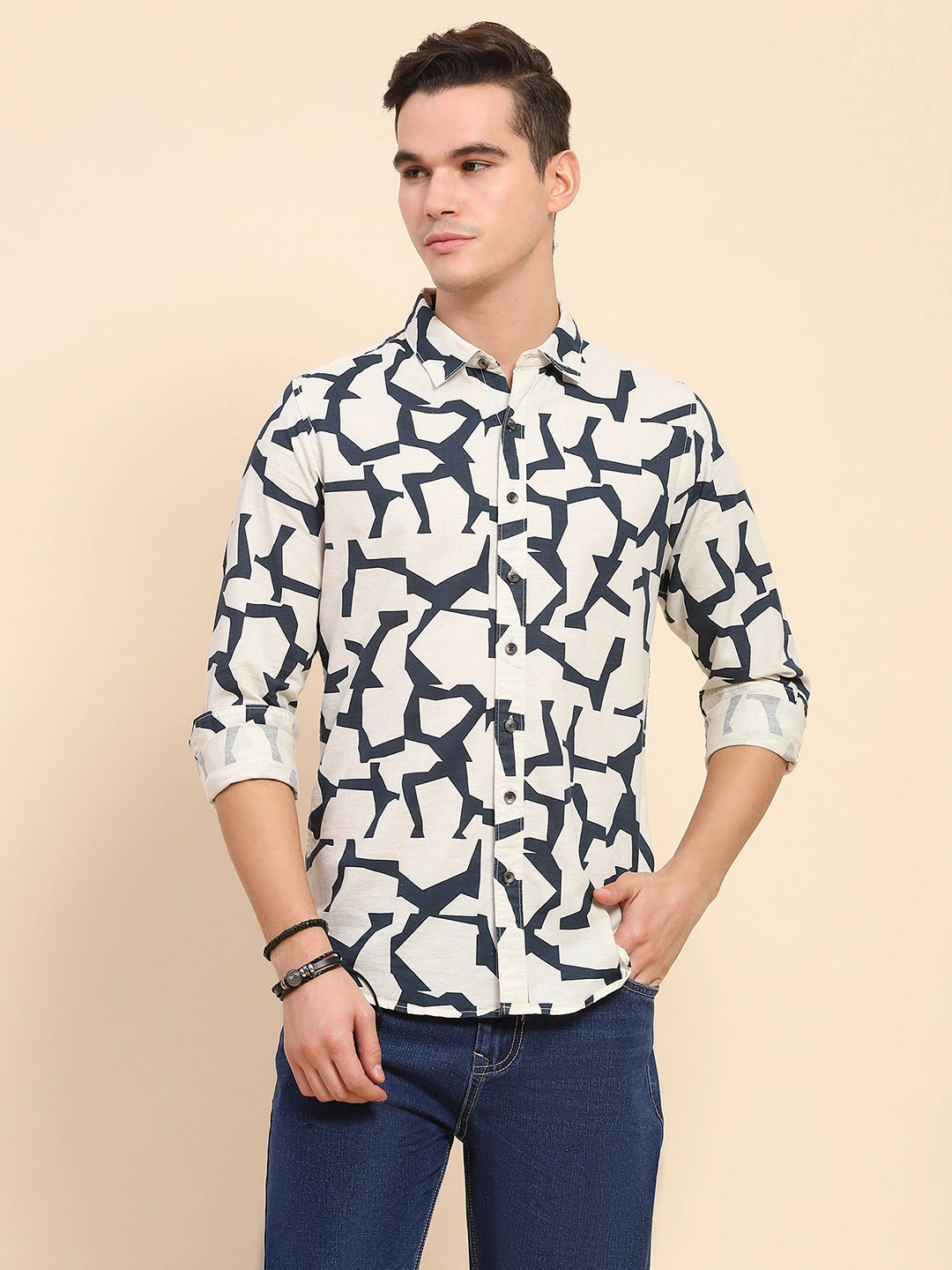 Navy & Off-white Cotton Blend Abstract Print Casual Shirt