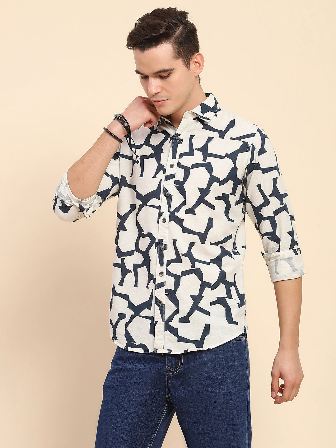 Navy & Off-white Cotton Blend Abstract Print Casual Shirt