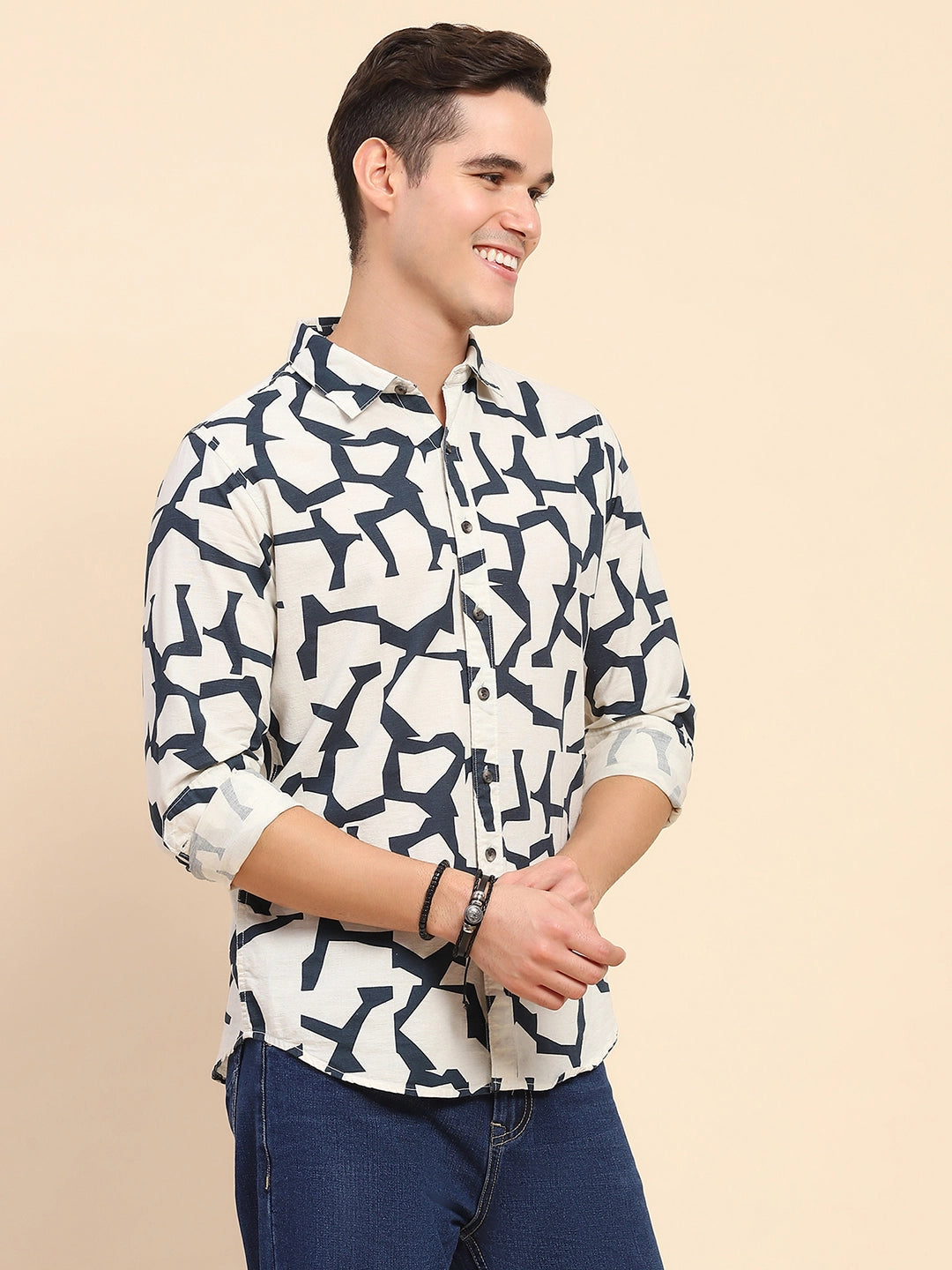 Navy & Off-white Cotton Blend Abstract Print Casual Shirt