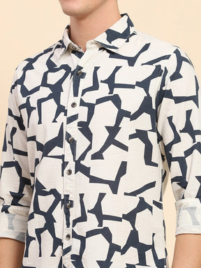 Navy & Off-white Cotton Blend Abstract Print Casual Shirt