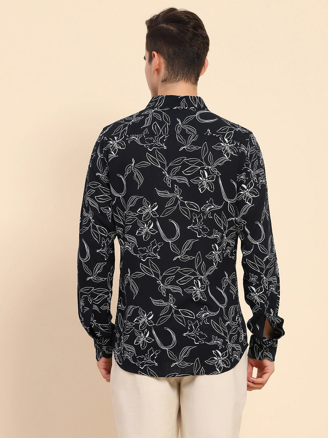 Navy Blue Cotton Blend Floral Print Casual Shirt