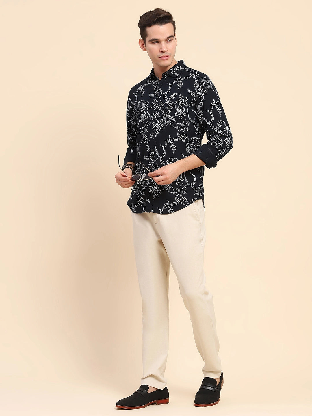 Navy Blue Cotton Blend Floral Print Casual Shirt