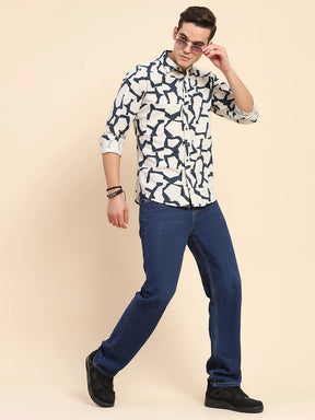 Navy & Off-white Cotton Blend Abstract Print Casual Shirt