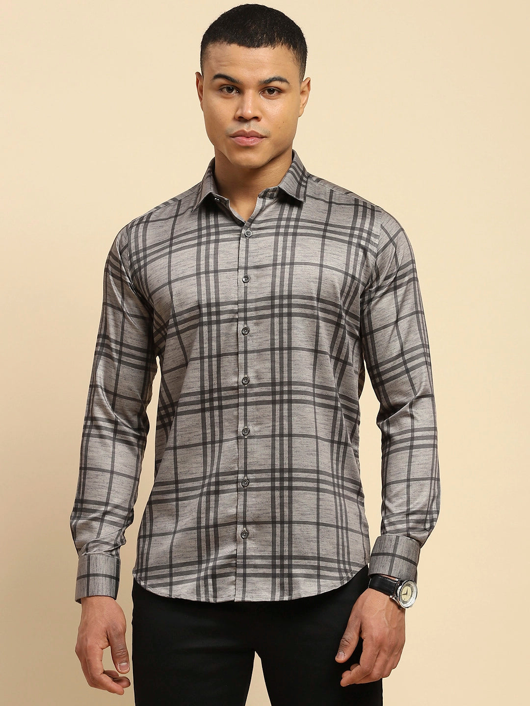 Grey Cotton Blend Tailored fit Shirt For Men