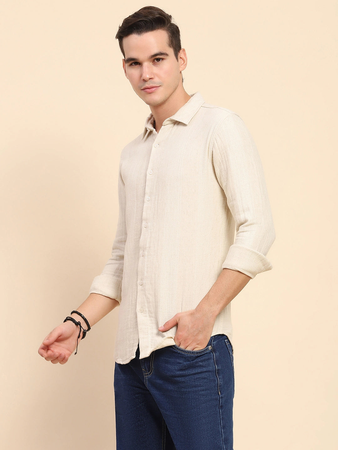 Beige Cotton Linen Self Design Casual Shirt