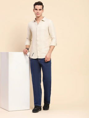 Beige Cotton Linen Self Design Casual Shirt