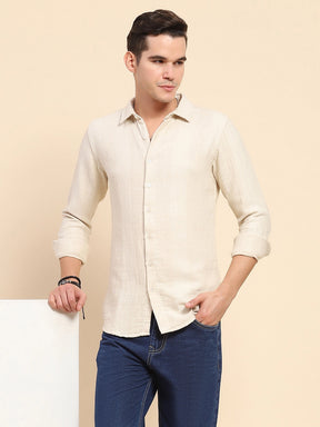 Beige Cotton Linen Self Design Casual Shirt