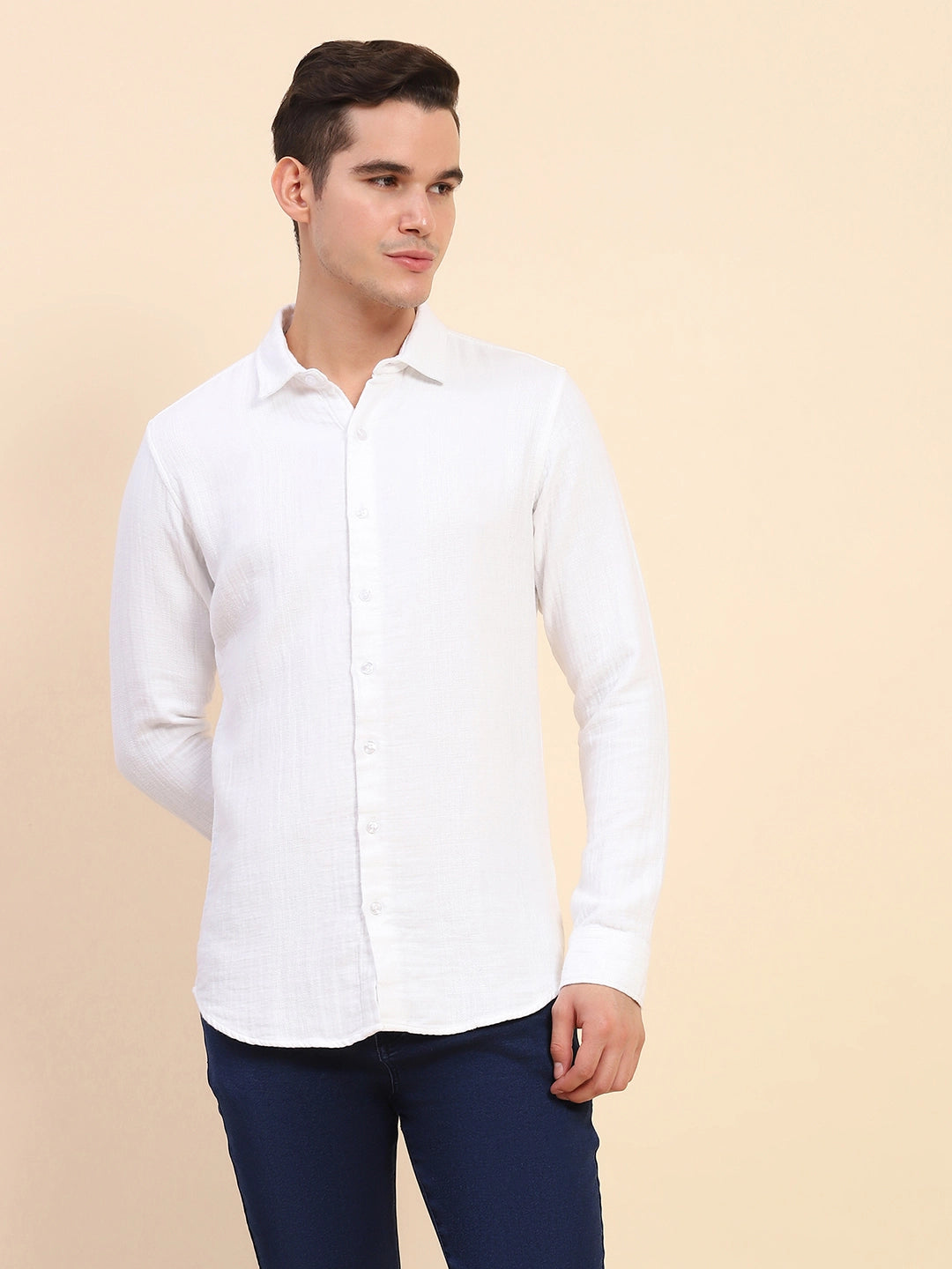 White Cotton Linen Self Design Casual Shirt