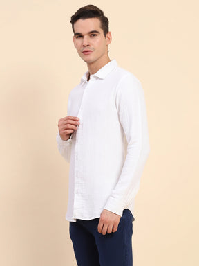 White Cotton Linen Self Design Casual Shirt