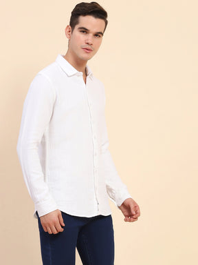 White Cotton Linen Self Design Casual Shirt