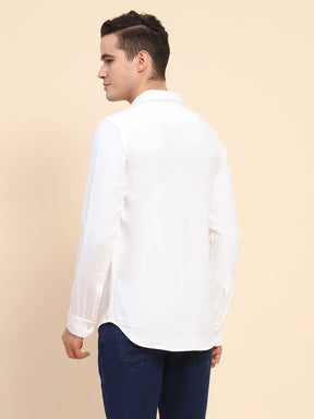 White Cotton Linen Self Design Casual Shirt