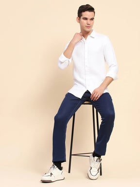 White Cotton Linen Self Design Casual Shirt