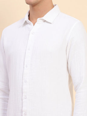 White Cotton Linen Self Design Casual Shirt