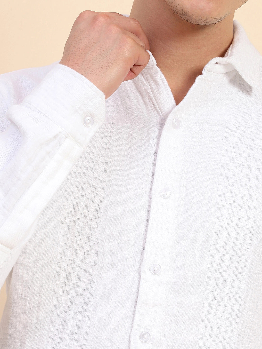 White Cotton Linen Self Design Casual Shirt