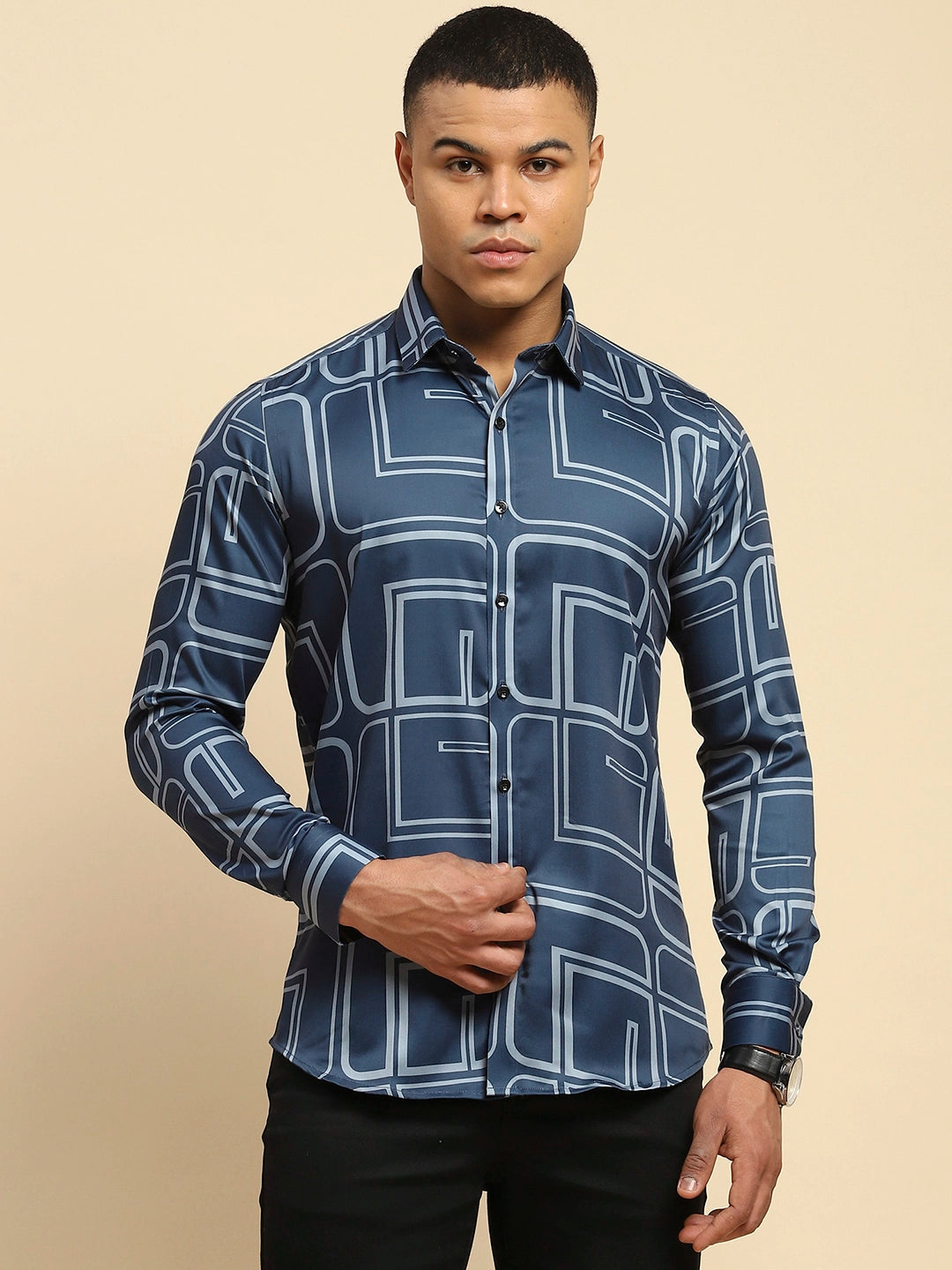 Blue Cotton Blend Tailored fit Shirt For Men