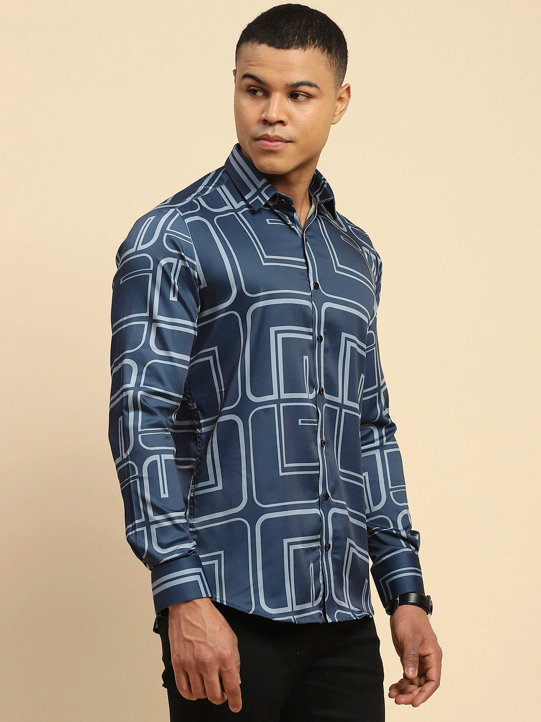 Blue Cotton Blend Tailored fit Shirt For Men