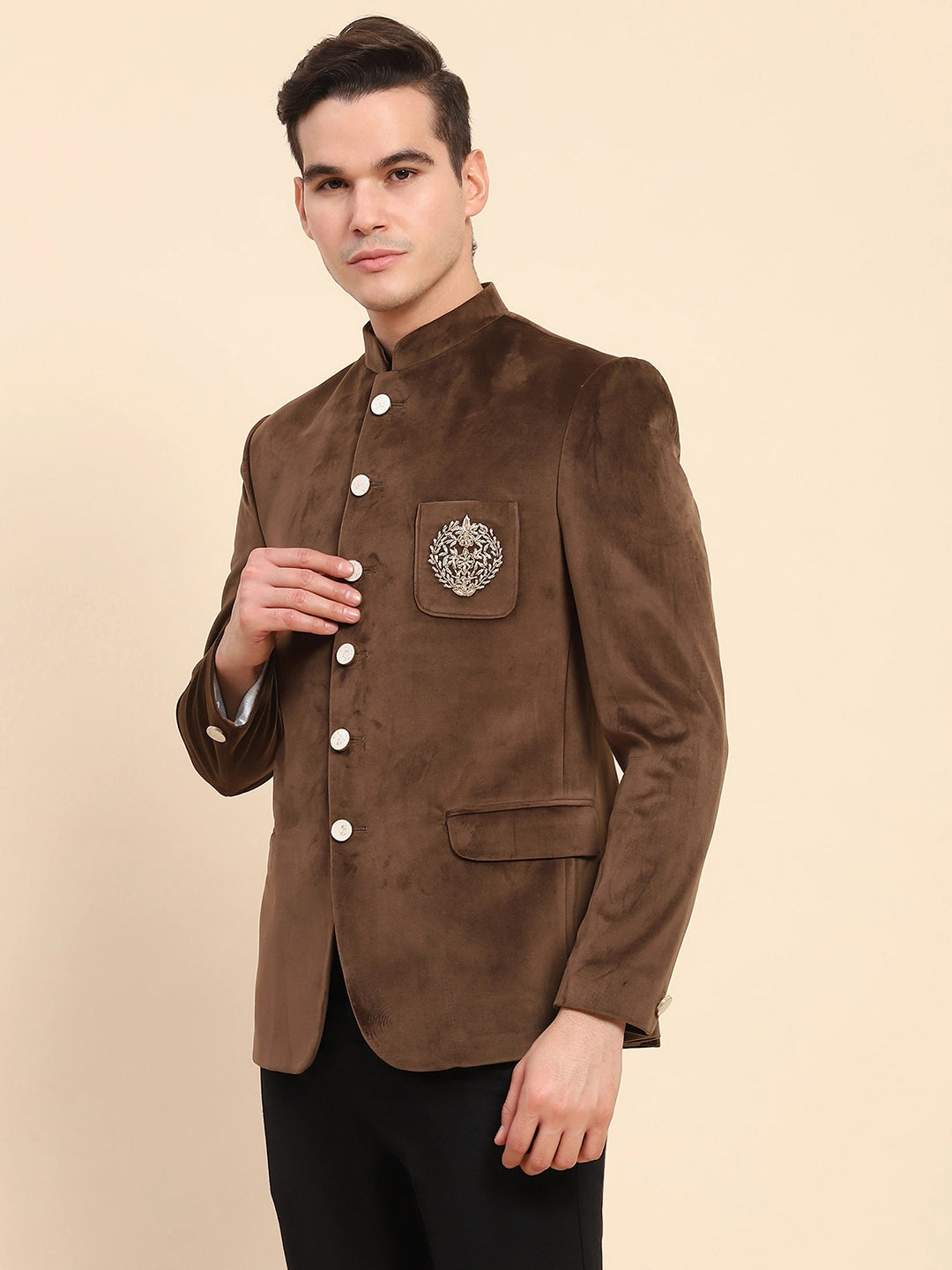 Brown Velvet Zari Embroidered Winter Wear Coat