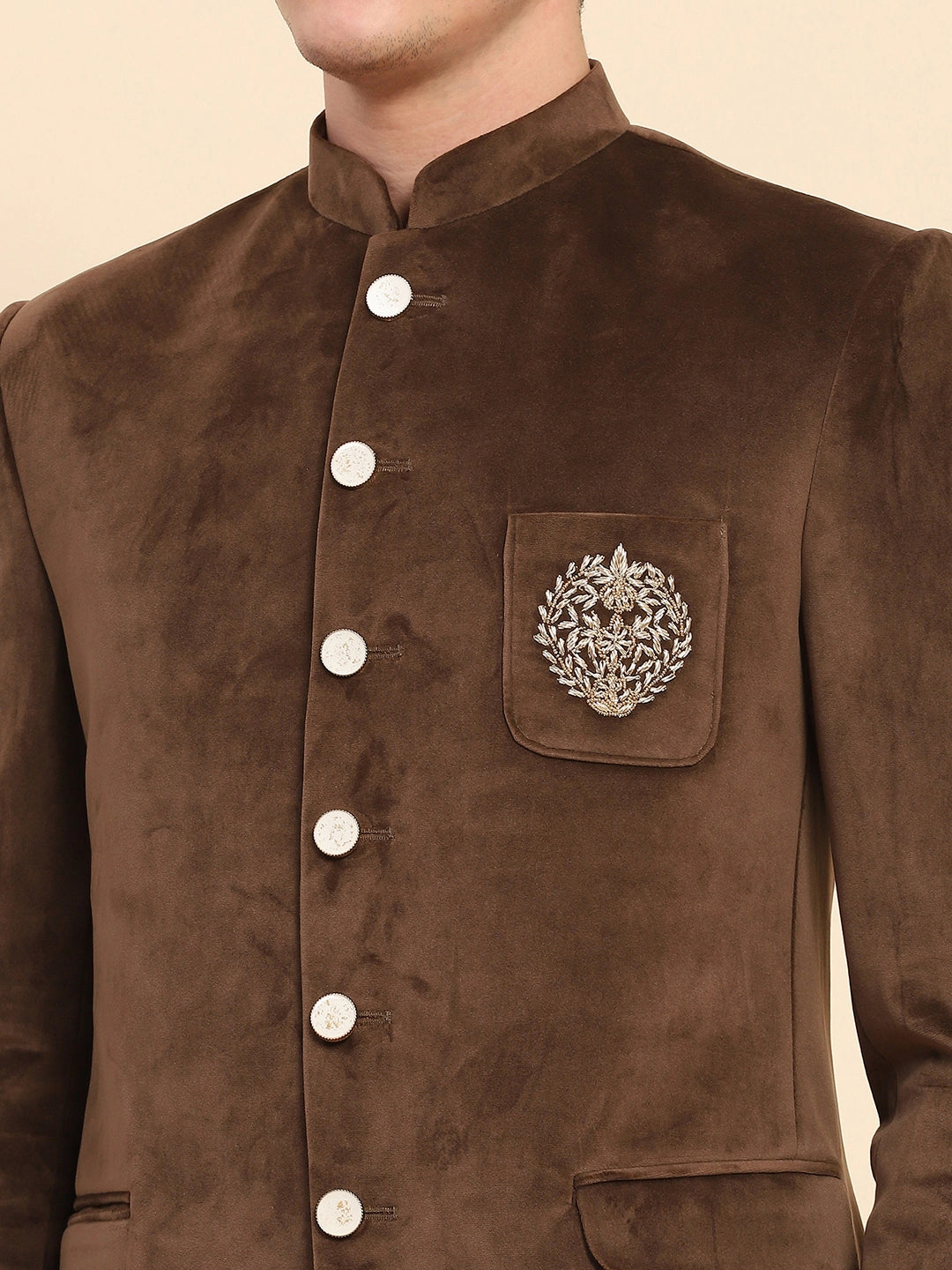 Brown Velvet Zari Embroidered Winter Wear Coat