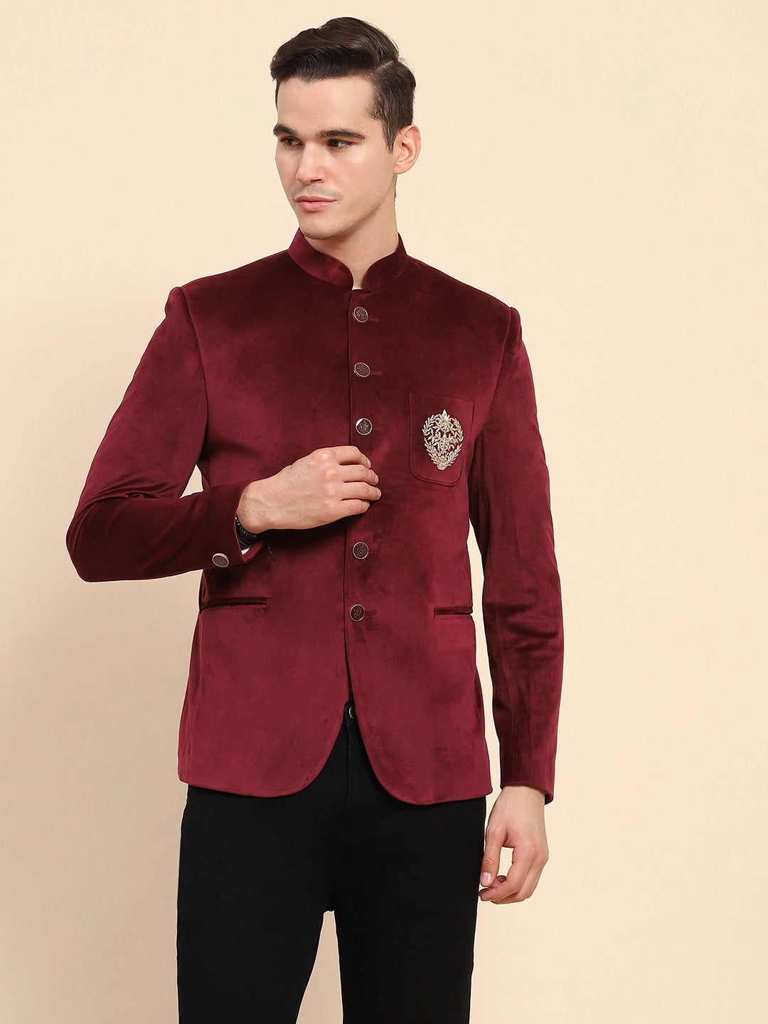 Maroon Velvet Zari Embroidered Winter Wear Coat