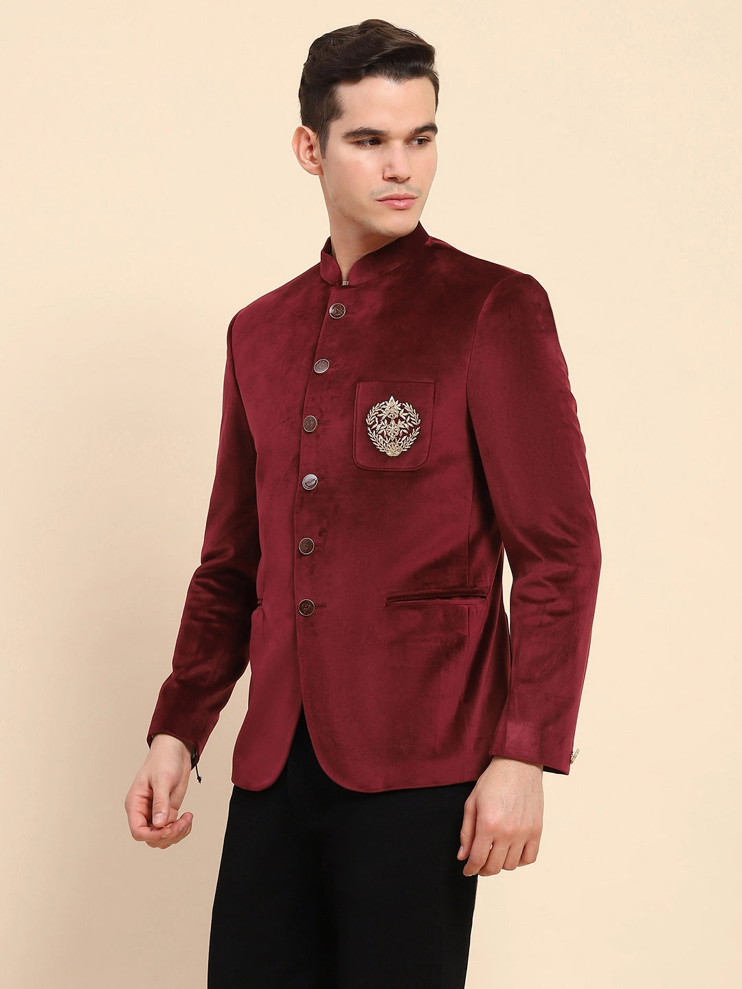 Maroon Velvet Zari Embroidered Winter Wear Coat