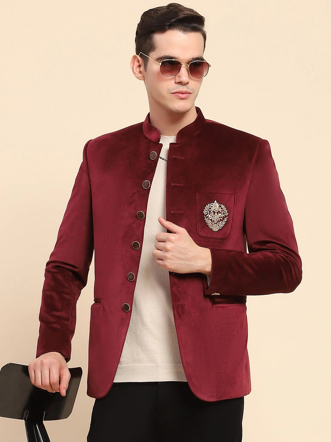 Maroon Velvet Zari Embroidered Winter Wear Coat