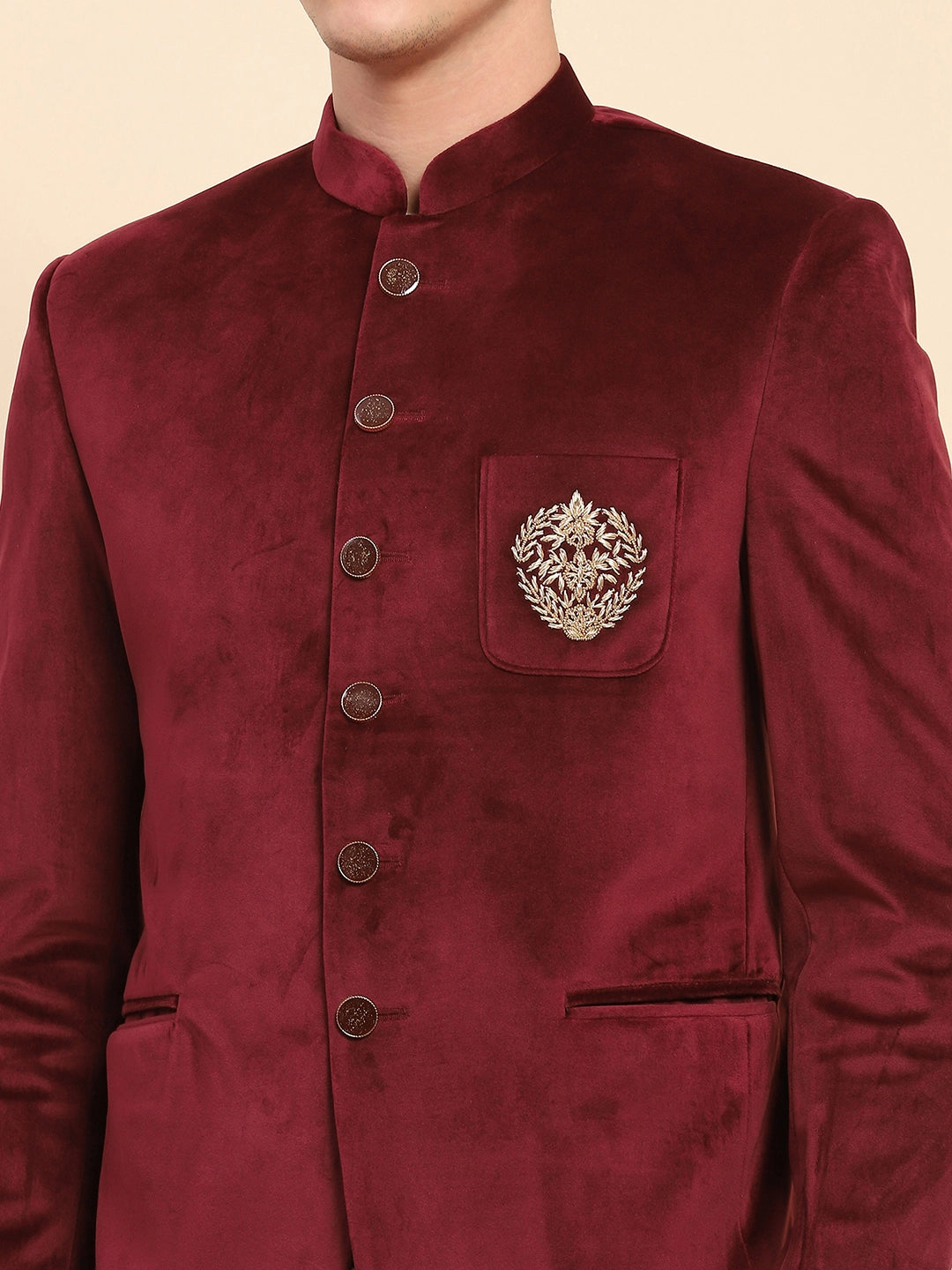 Maroon Velvet Zari Embroidered Winter Wear Coat