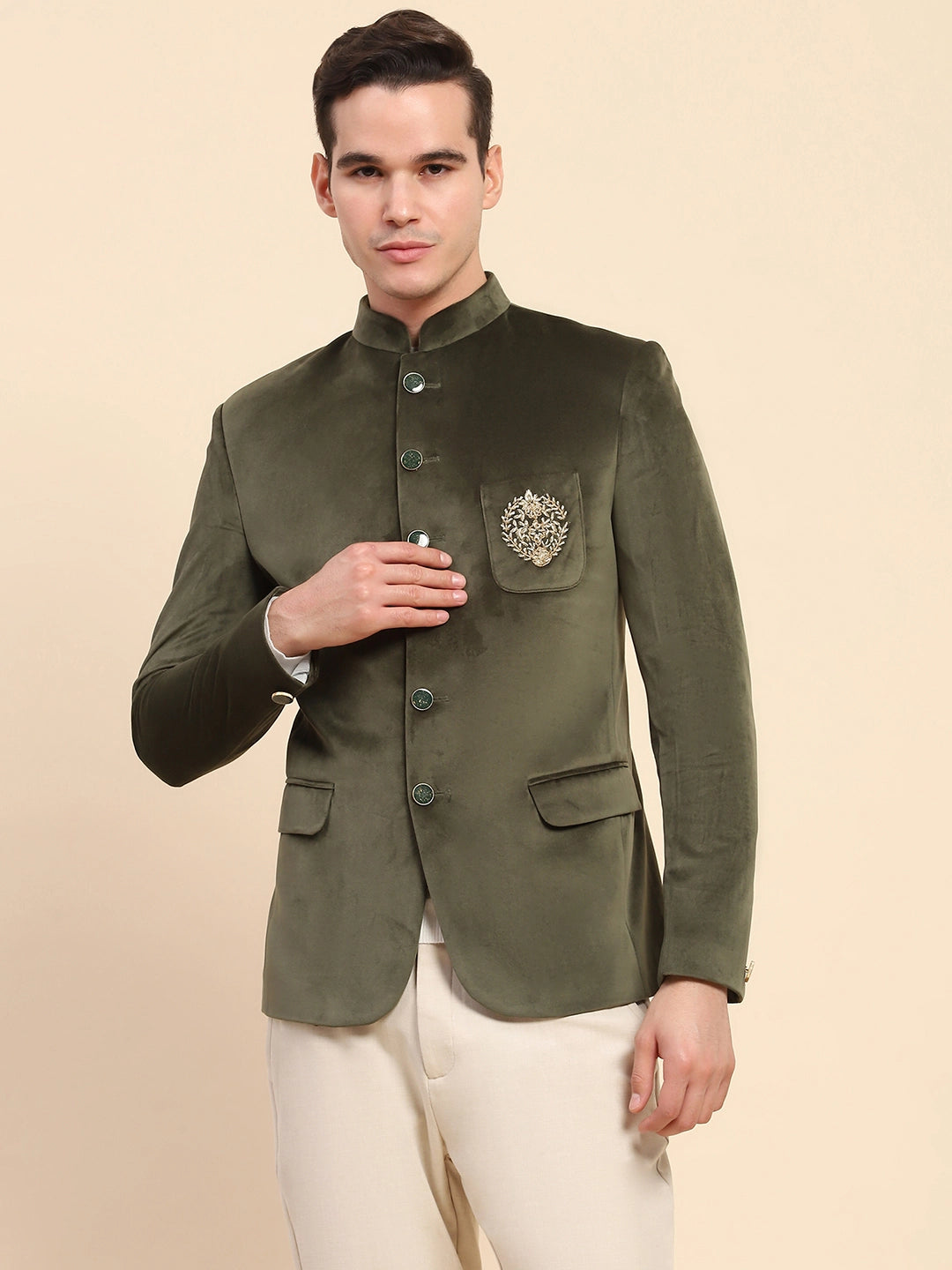 Olive Velvet Zari Embroidered Winter Wear Coat