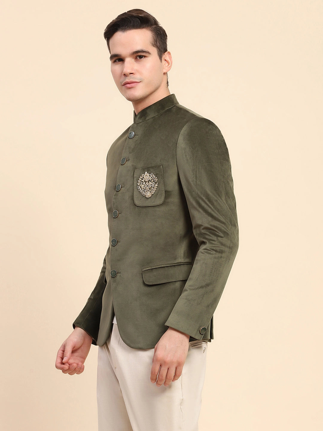 Olive Velvet Zari Embroidered Winter Wear Coat