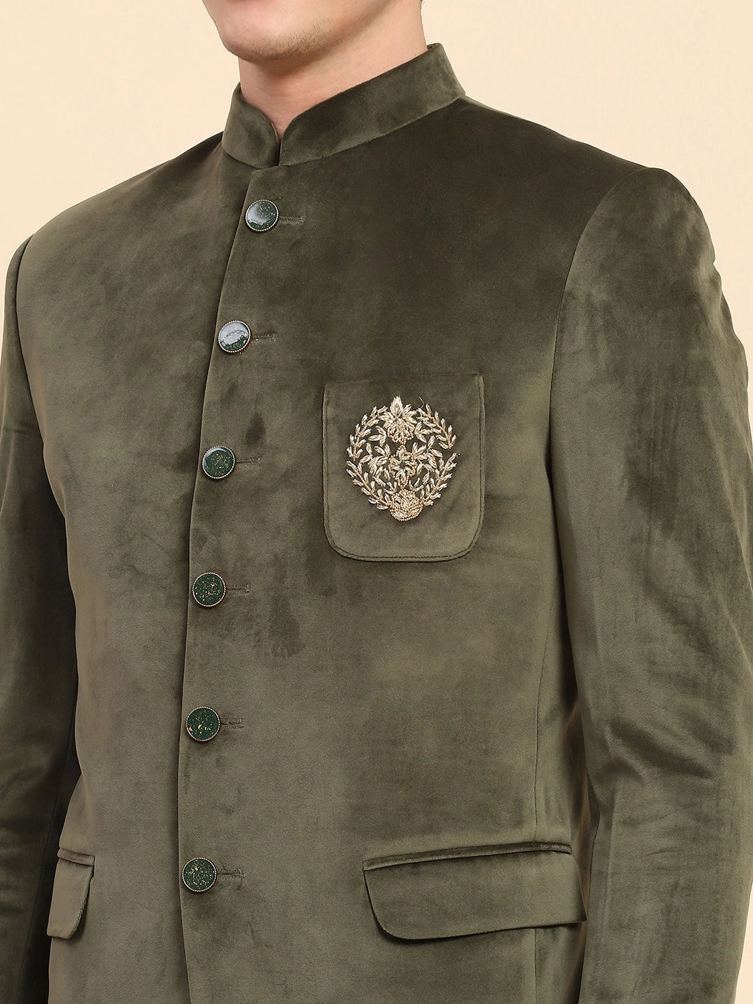 Olive Velvet Zari Embroidered Winter Wear Coat