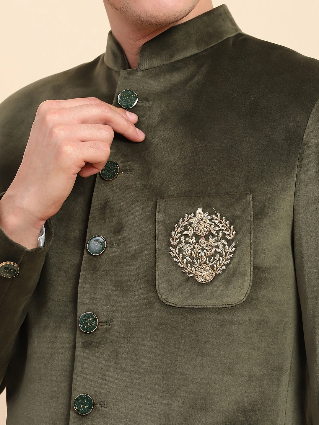 Olive Velvet Zari Embroidered Winter Wear Coat