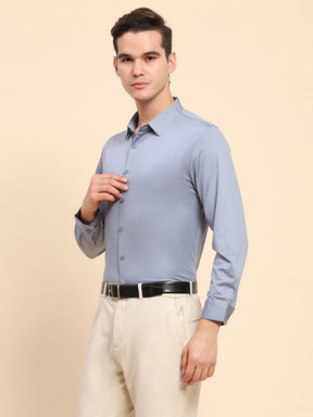 Blue Nylon Blend Solid Formal Shirt