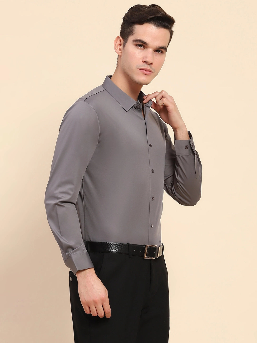 Gray Nylon Blend Solid Formal Shirt