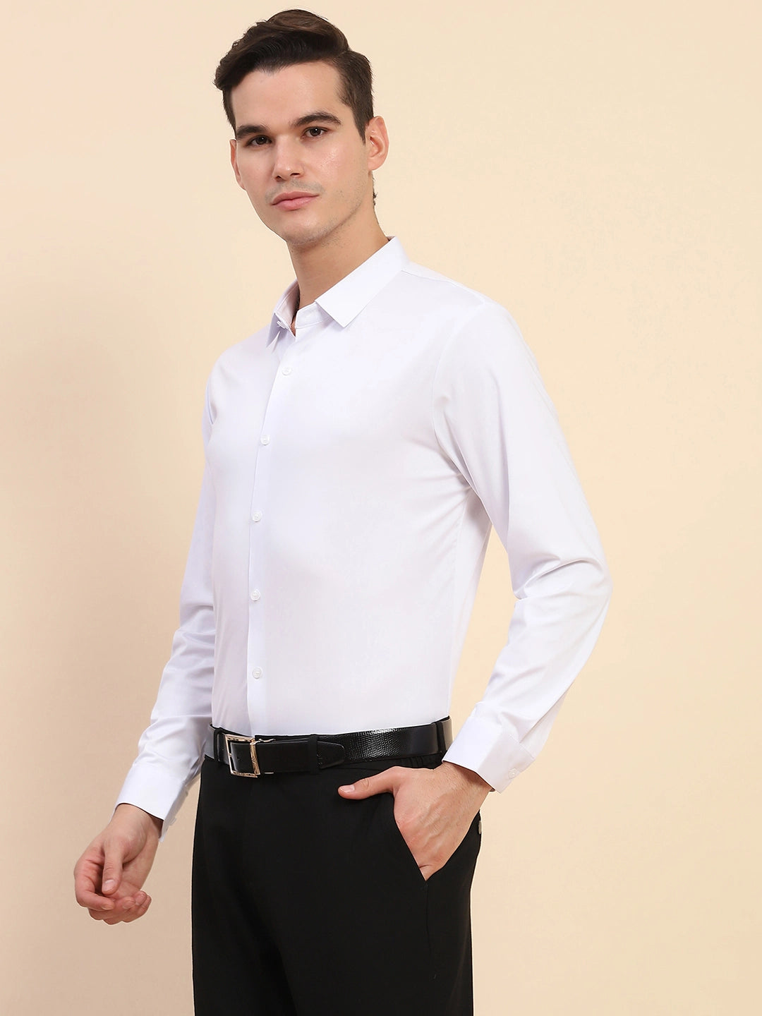 White Nylon Blend Solid Formal Shirt