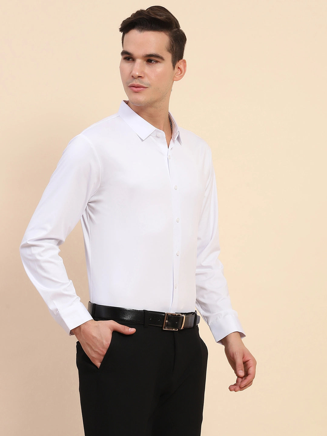 White Nylon Blend Solid Formal Shirt