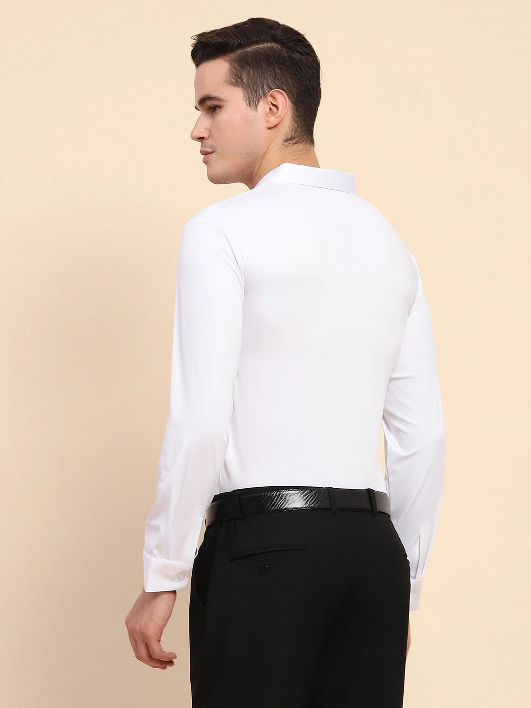 White Nylon Blend Solid Formal Shirt