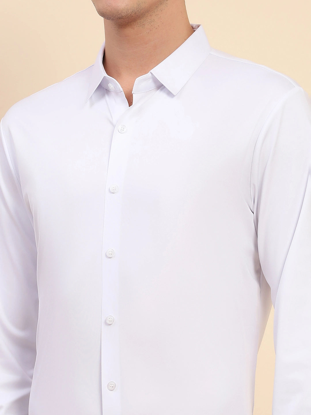 White Nylon Blend Solid Formal Shirt