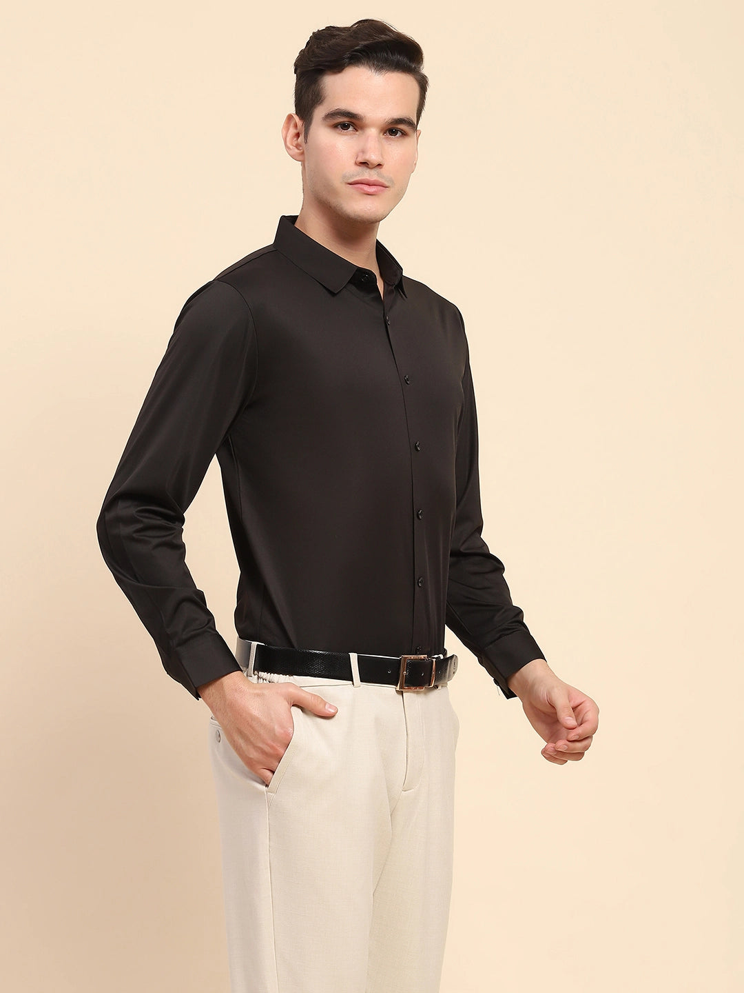 Black Nylon Blend Solid Formal Shirt