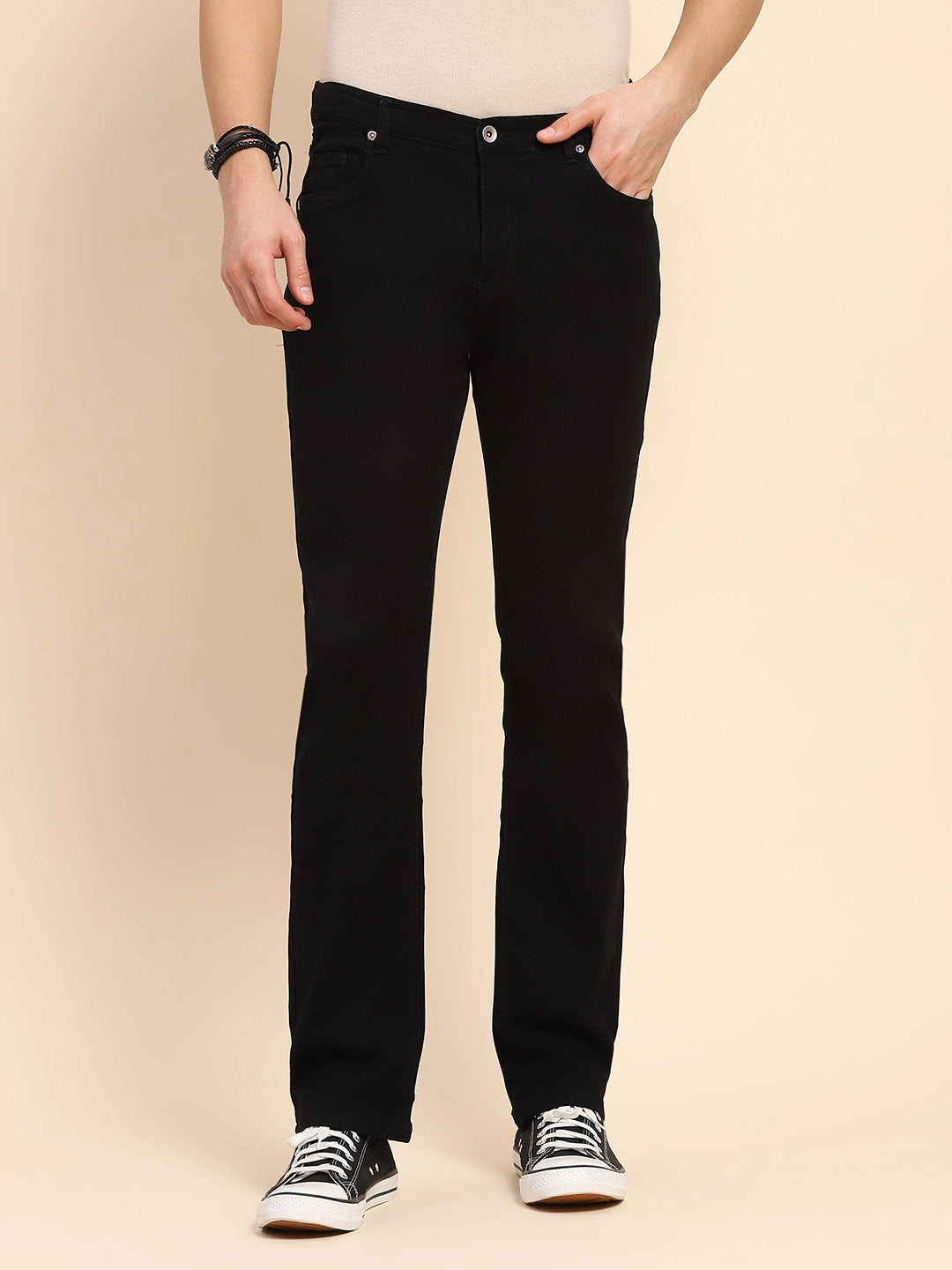 Black Cotton Blend Jeans with Adjustable Waist