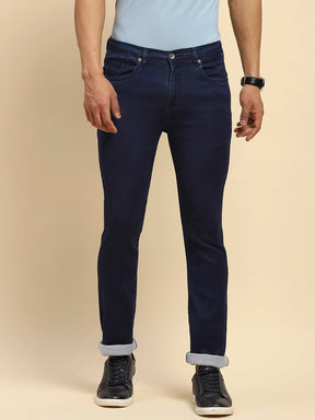 Dark Blue Cotton Blend Slim Fit Jeans For Men